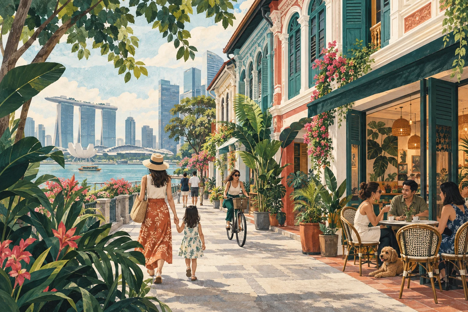 Editorial illustration of everyday life in a Singapore-inspired neighbourhood