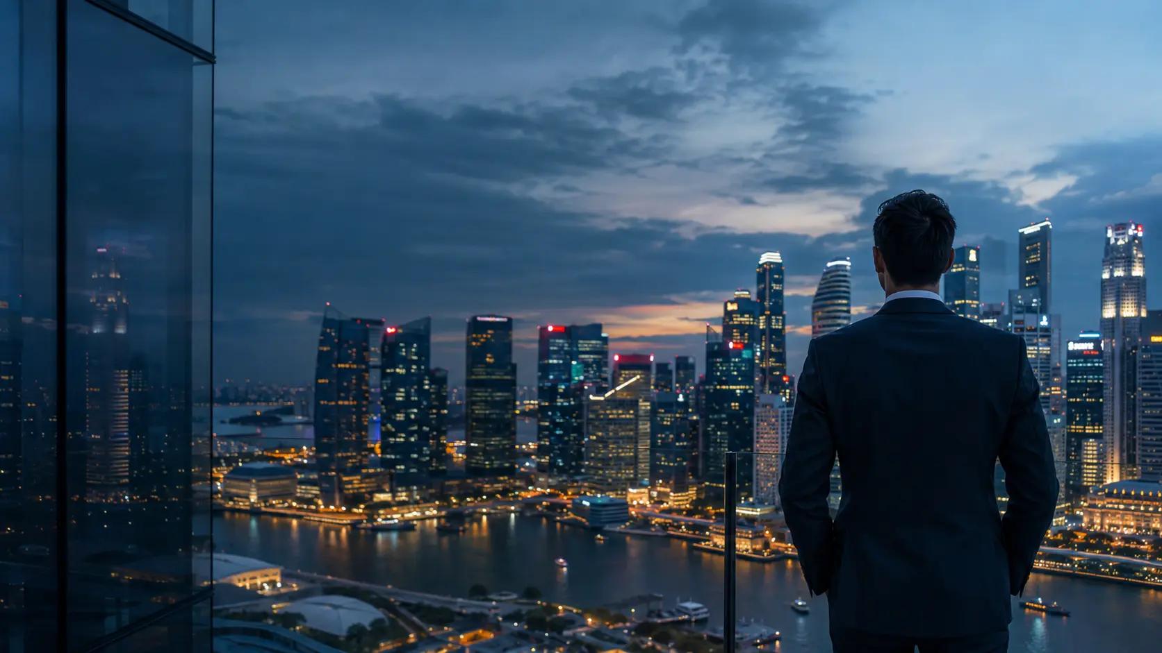 Business professional looking at Singapore skyline